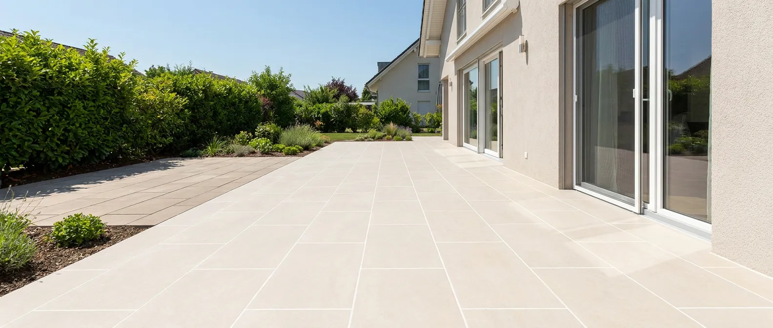 Terrasse en grès cérame terminée le long d'une maison